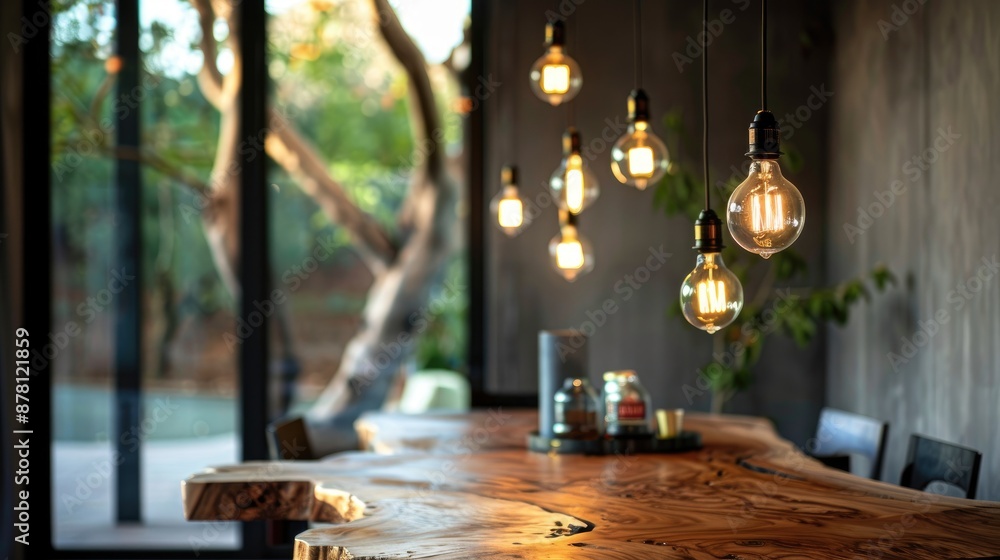 A contemporary dining room with a live-edge wooden table and hanging Edison bulb lights A contemporary dining room with a live-edge wooden table and hanging Edison bulb lights