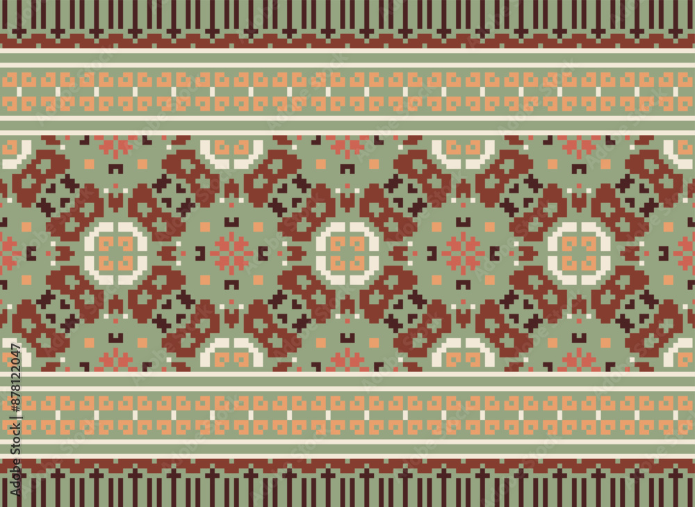 Traditional ethnic motifs ikat geometric fabric pattern cross stitch.Ikat embroidery Ethnic oriental Pixel brown background. Abstract,vector,illustration. Traditional ethnic motifs ikat geometric fabric pattern cross stitch.Ikat embroidery Ethnic oriental Pixel brown background. Abstract,vector,illustration.