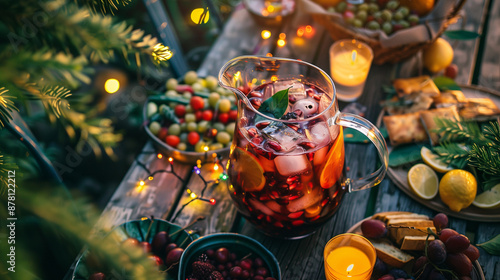 a pitcher of sangria, filled with fresh fruit slices and ice, placed on a festive outdoor table with fairy lights and a bowl of tapas