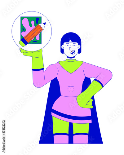 Superhero asian woman showing artists supplies 2D linear cartoon character. Korean female recommending drawing isolated line vector person white background. Lifestyle color flat spot illustration