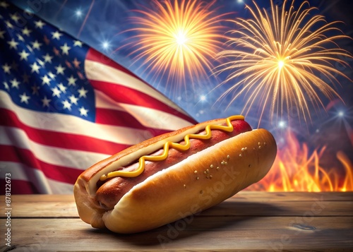 National hot dog day, summer hot dog party, french, corn dogs, classic, usa family holiday, american flag symbols and fireworks. photo