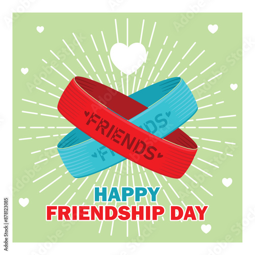 Two red and blue bracelets with the words friends. Symbolizes friendship. Friendship Day concept. Flat vector illustration.