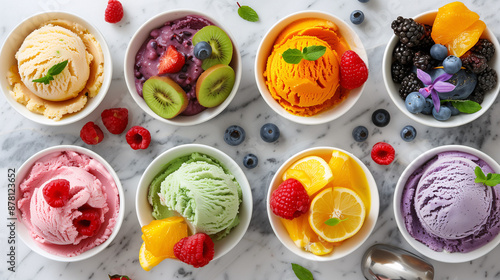 a variety of homemade fruit sorbets, served in small bowls with fresh fruit toppings, arranged on a marble countertop with an ice cream scoop nearby