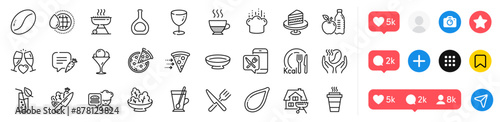 Coffee, Food delivery and Glass line icons pack. Social media icons. Takeaway, Ice cream, Vegetable web icon. Pizza, Dish, Cake pictogram. Calories, Cooking hat, Chat bubble. Vector