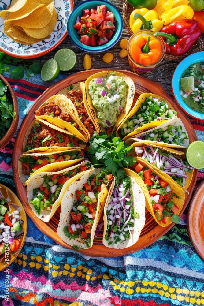 Fototapeta premium A colorful table filled with multiple tacos featuring different toppings
