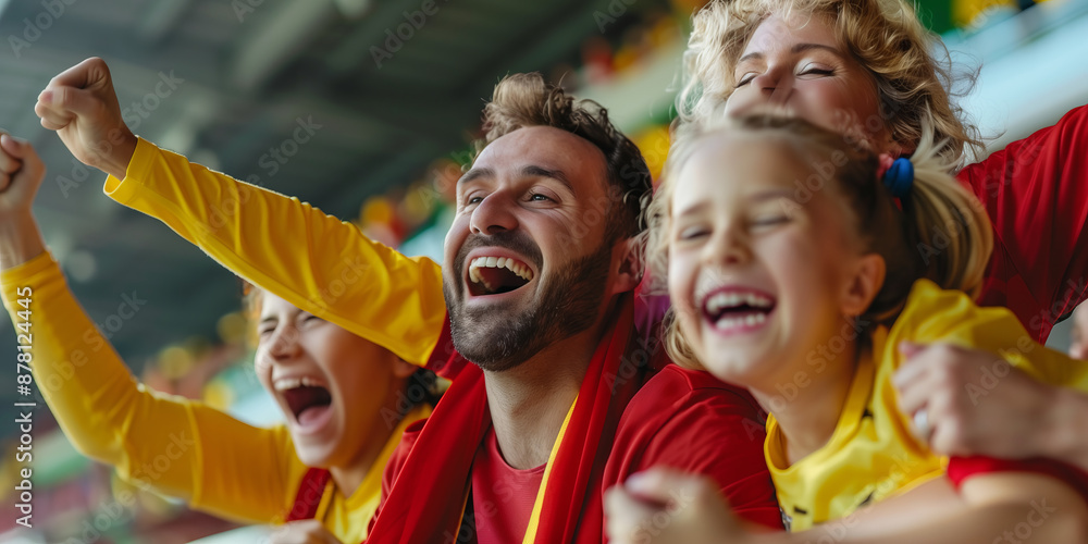 Excited sports fans wearing red and yellow clothes celebrating the victory of their team. People chanting and cheering for their soccer team. Family watching football match. Excited sports fans wearing red and yellow clothes celebrating the victory of their team. People chanting and cheering for their soccer team. Family watching football match.