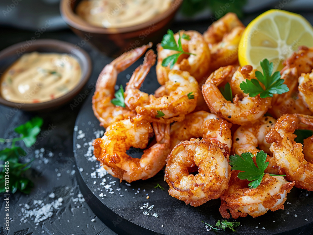 Crispy Fried Shrimp With Lemon and Parsley on Black Slate Plate Crispy Fried Shrimp With Lemon and Parsley on Black Slate Plate