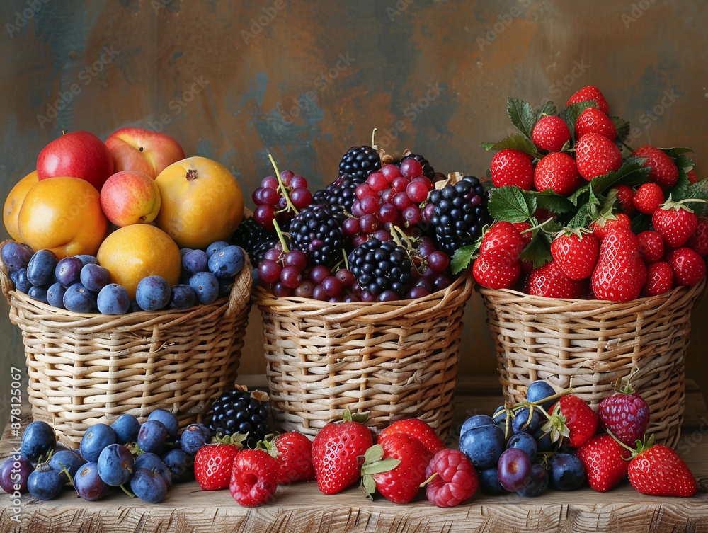 A Still Life of Fresh Fruit in Wicker Baskets A Still Life of Fresh Fruit in Wicker Baskets