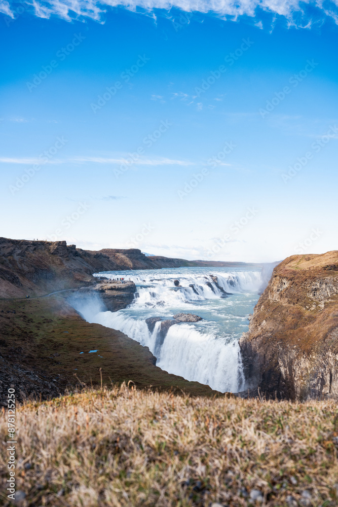 Stunning view of Gullfoss meaning golden waterfall, located in the canyon of the Hvita river, west of the Icelandic capital Reykjavik. Gullfoss is the most popular waterfall in Iceland.