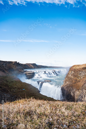 Obraz na płótnie Stunning view of Gullfoss meaning golden waterfall, located in the canyon of the Hvita river, west of the Icelandic capital Reykjavik. Gullfoss is the most popular waterfall in Iceland. w salonie
