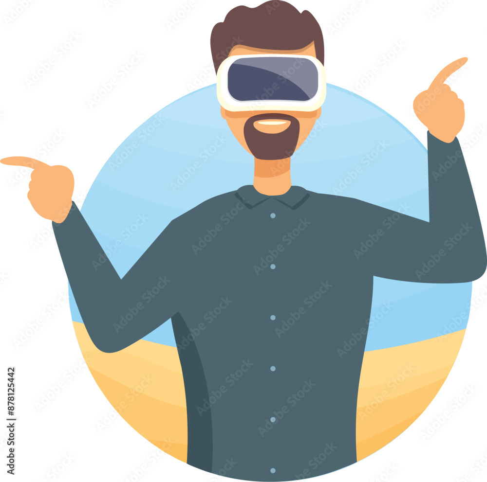 Man is wearing a vr headset and pointing with his index fingers in different directions Man is wearing a vr headset and pointing with his index fingers in different directions