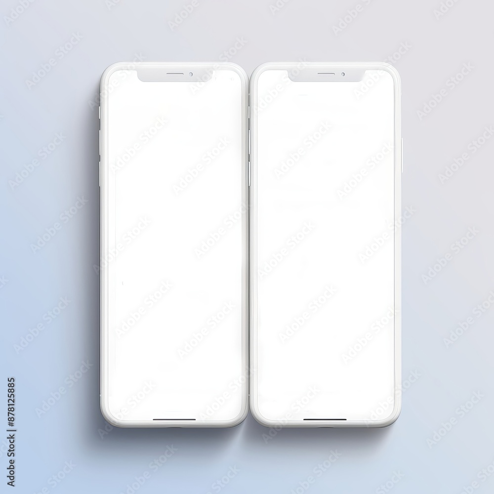 two white smartphones with empty screens are sitting next to each other on a table . High quality two white smartphones with empty screens are sitting next to each other on a table . High quality