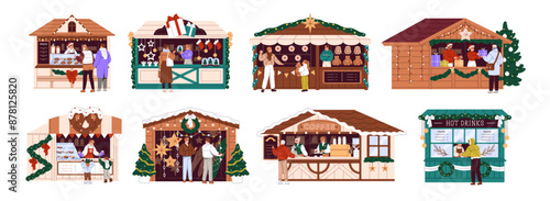 Decorated Christmas stalls set. Chalets with food, drinks, coffee on Xmas market, fair. Funfair shooting gallery. New Year festival shops. Winter holiday. Flat isolated vector illustrations on white