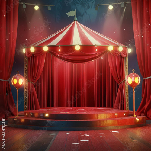 Circus stage podium background 3D carnival light red show curtain. Generative Ai