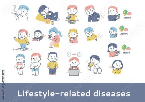 生活習慣病の原因になる行動をしている人々のイラスト