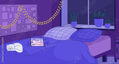 Cozy bedroom with sleeping cat 2D cartoon background. Bed night, lo fi music. Comfortable interior colorful aesthetic vector illustration, nobody. Hygge apartment room flat wallpaper art, lofi image