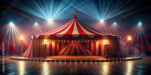 Forlorn Empty circus tent abstract futuristic background of red empty stage and neon lighting spotlight stage background , abstract, stage, circus, spotlight, lighting, futuristic, Empty, background, © tammanoon