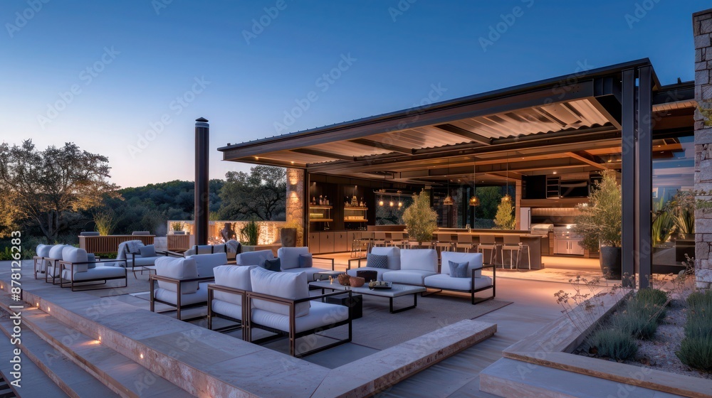 Elegant ranch with a sophisticated outdoor lounge that features a retractable roof and climate control