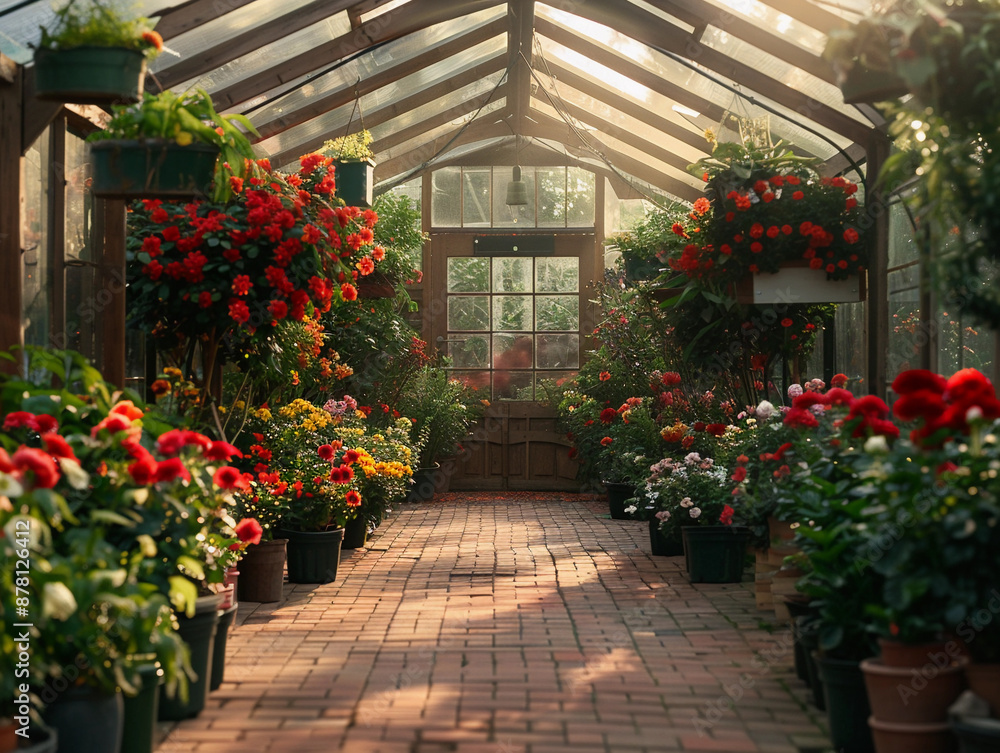 Brick Path Through a Sunlit Greenhouse Filled With Potted Red Flowers Brick Path Through a Sunlit Greenhouse Filled With Potted Red Flowers