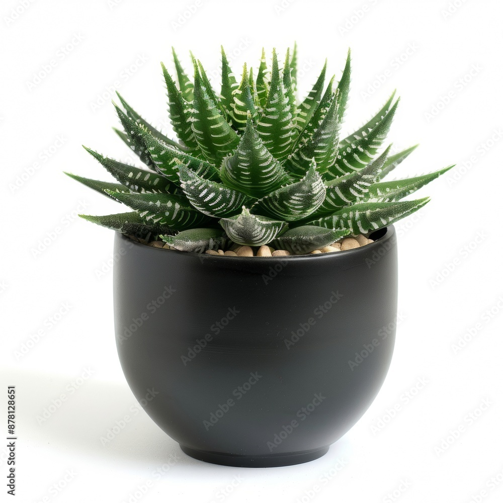 A small aloe vera plant in a black pot on a white background. A small aloe vera plant in a black pot on a white background.