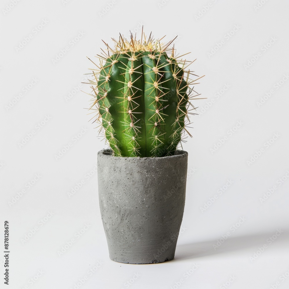 A small cactus in a gray concrete pot on a white background. A small cactus in a gray concrete pot on a white background.