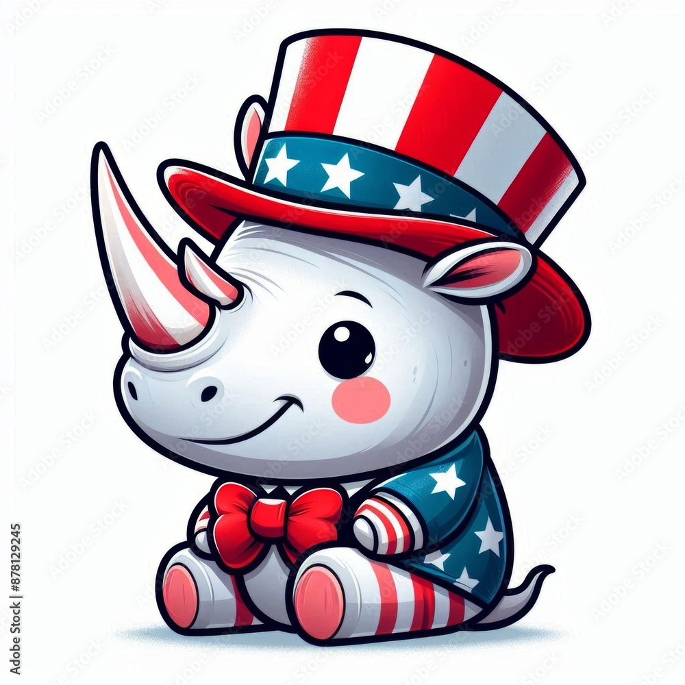 A cute cartoon rhinoceros wearing a patriotic outfit with a top hat, bow tie, and stars and stripes. A cute cartoon rhinoceros wearing a patriotic outfit with a top hat, bow tie, and stars and stripes.