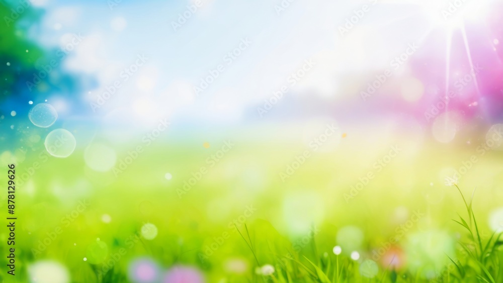 Fototapeta premium Spring background with grass, flowers and bokeh lights. Beautiful nature background.