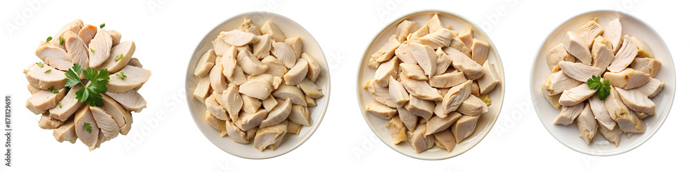 Chicken fillet pieces boiled top view in a round plate on transparent background PNG file Chicken fillet pieces boiled top view in a round plate on transparent background PNG file
