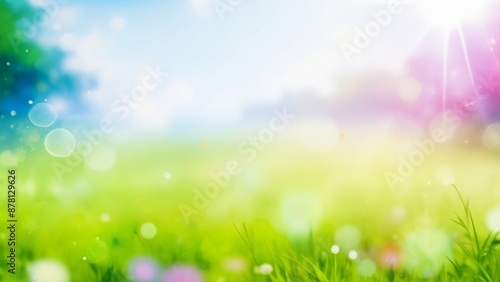 Spring background with grass, flowers and bokeh lights. Beautiful nature background. © anamulhaqueanik