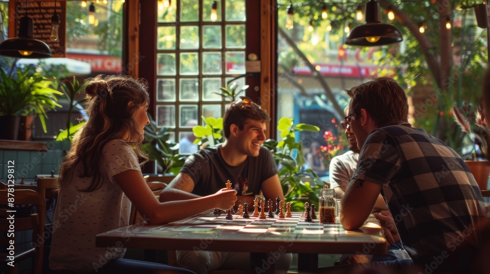 a group of friend playing chess at local cafe a group of friend playing chess at local cafe