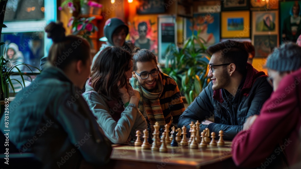 a group of friend playing chess at local cafe a group of friend playing chess at local cafe