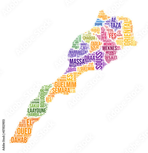 Morocco region word cloud. Country shape design. Morocco colored illustration. Region names collage cloud. Vector illustration.