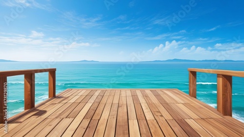 Wooden deck on the beach with sea view and blue sky background photo