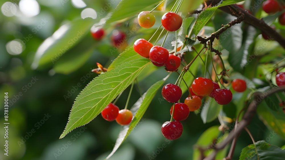 Ripe Cherries Hanging on Branch in Natural Setting Ripe Cherries Hanging on Branch in Natural Setting