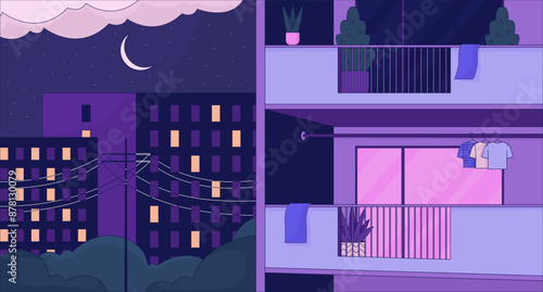 Cozy night apartment building exterior 2D cartoon background. Neighborhood residential condominium nighttime colorful aesthetic vector illustration, nobody. Dreamy vibes flat wallpaper art, lofi image