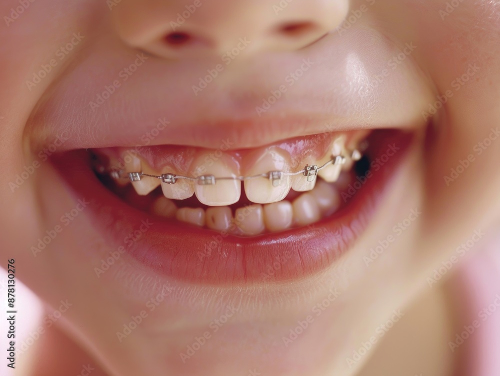 Fototapeta premium Close up shot of a child's teeth with metal braces, highlighting orthodontic treatment progress