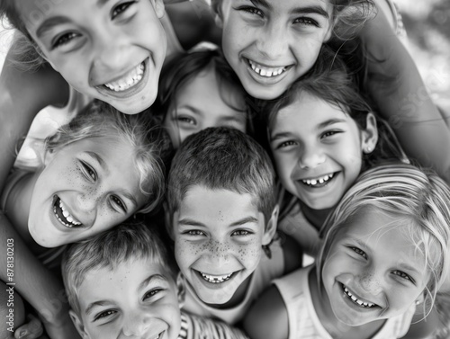 A black and white photo of a group of children