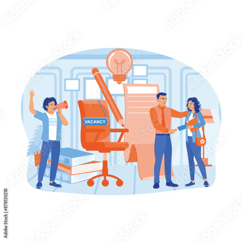 Labor recruitment. Job seekers are accepted to occupy vacant positions. Open vacancy concept. Flat vector illustration.