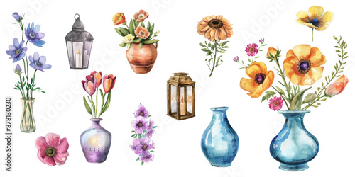 Set of flowers, vases, lanterns, watercolor on white background.