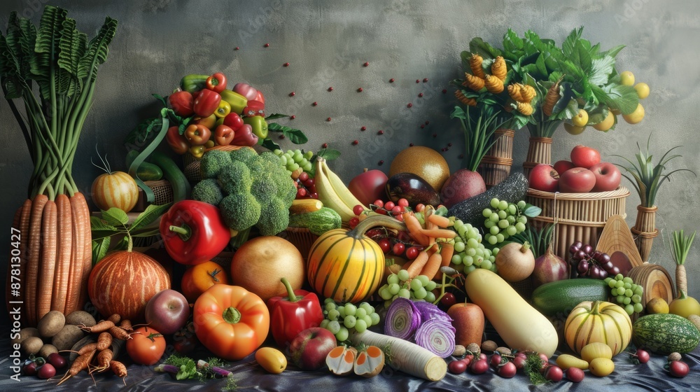 A colorful display of various fruits and vegetables on a table or counter A colorful display of various fruits and vegetables on a table or counter