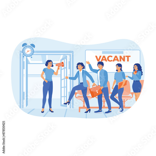 Employee recruitment. Human resources invites job applicants for interviews. Open vacancy concept. Flat vector illustration.