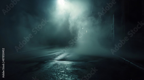 Mysterious foggy alleyway with a single street lamp at night