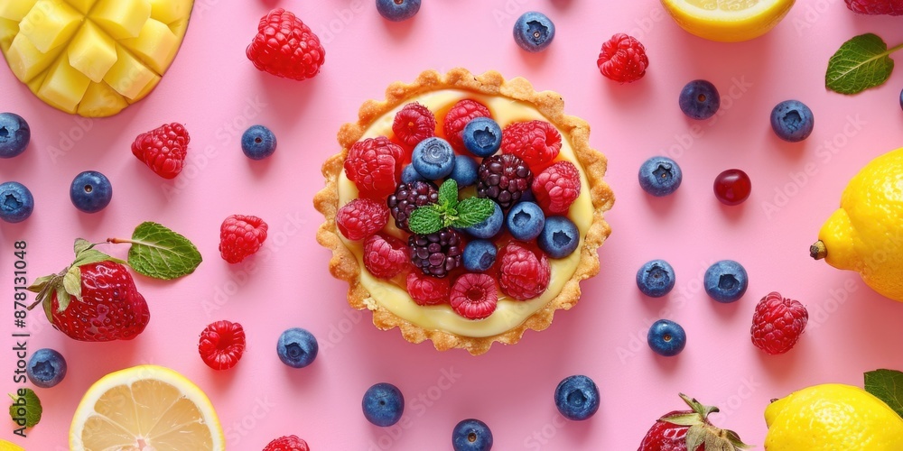 A sweet and tangy fruit tart garnished with lemons, raspberries, and blueberries A sweet and tangy fruit tart garnished with lemons, raspberries, and blueberries