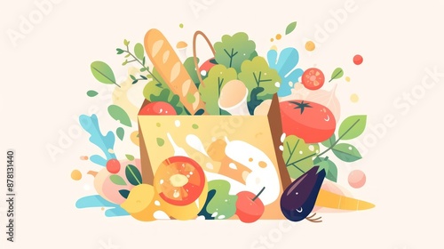 Paper bags filled with vegetables and fruit fly around inside, creating an illustrative effect. Colors highlight fresh produce, creating a vibrant atmosphere. Conveying freshness in shopping
