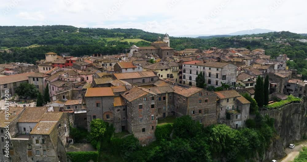 View Of The Medieval Town Of Orte Atop Rocky Hill In Lazio, Italy. aerial approach, wide shot View Of The Medieval Town Of Orte Atop Rocky Hill In Lazio, Italy. aerial approach, wide shot