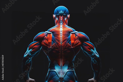 Digital illustration of muscular human body showing colorful anatomy and muscle structure