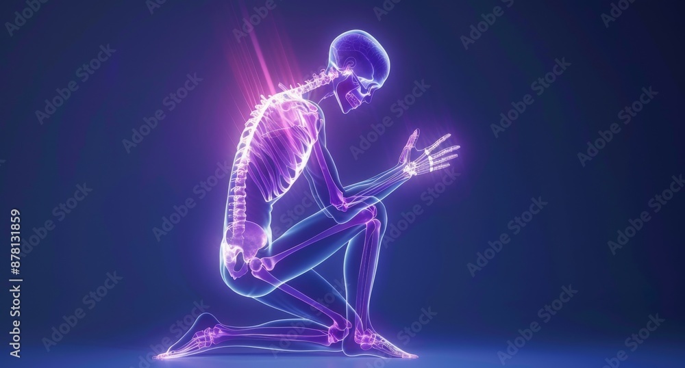 X-ray image of human skeleton in kneeling position highlighting joints and bones X-ray image of human skeleton in kneeling position highlighting joints and bones