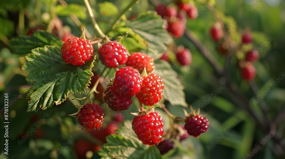 Fresh Ripe Red Raspberries on Green Leaves in Sunlight Fresh Ripe Red Raspberries on Green Leaves in Sunlight