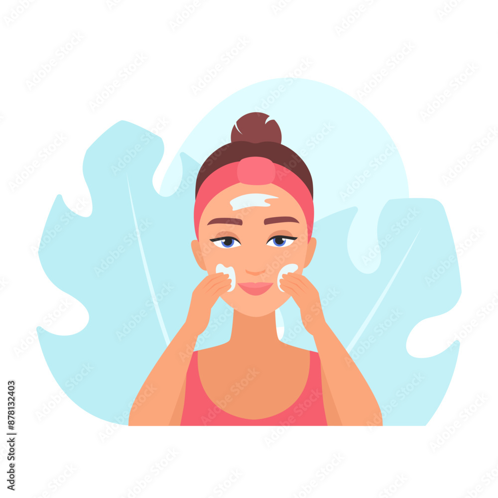 Young woman applying cosmetic cream product to face to massage and moisturize skin vector illustration Young woman applying cosmetic cream product to face to massage and moisturize skin vector illustration