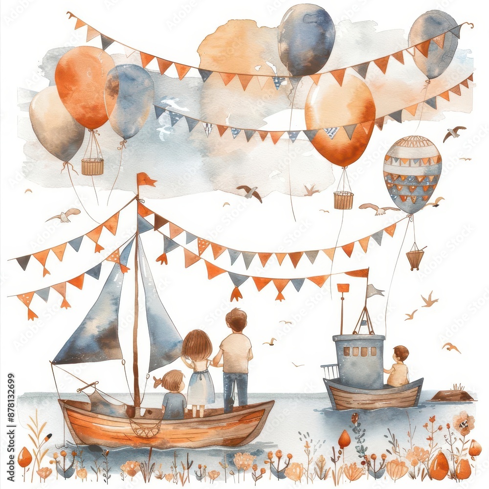 A watercolor depiction of a harbor festival with flags